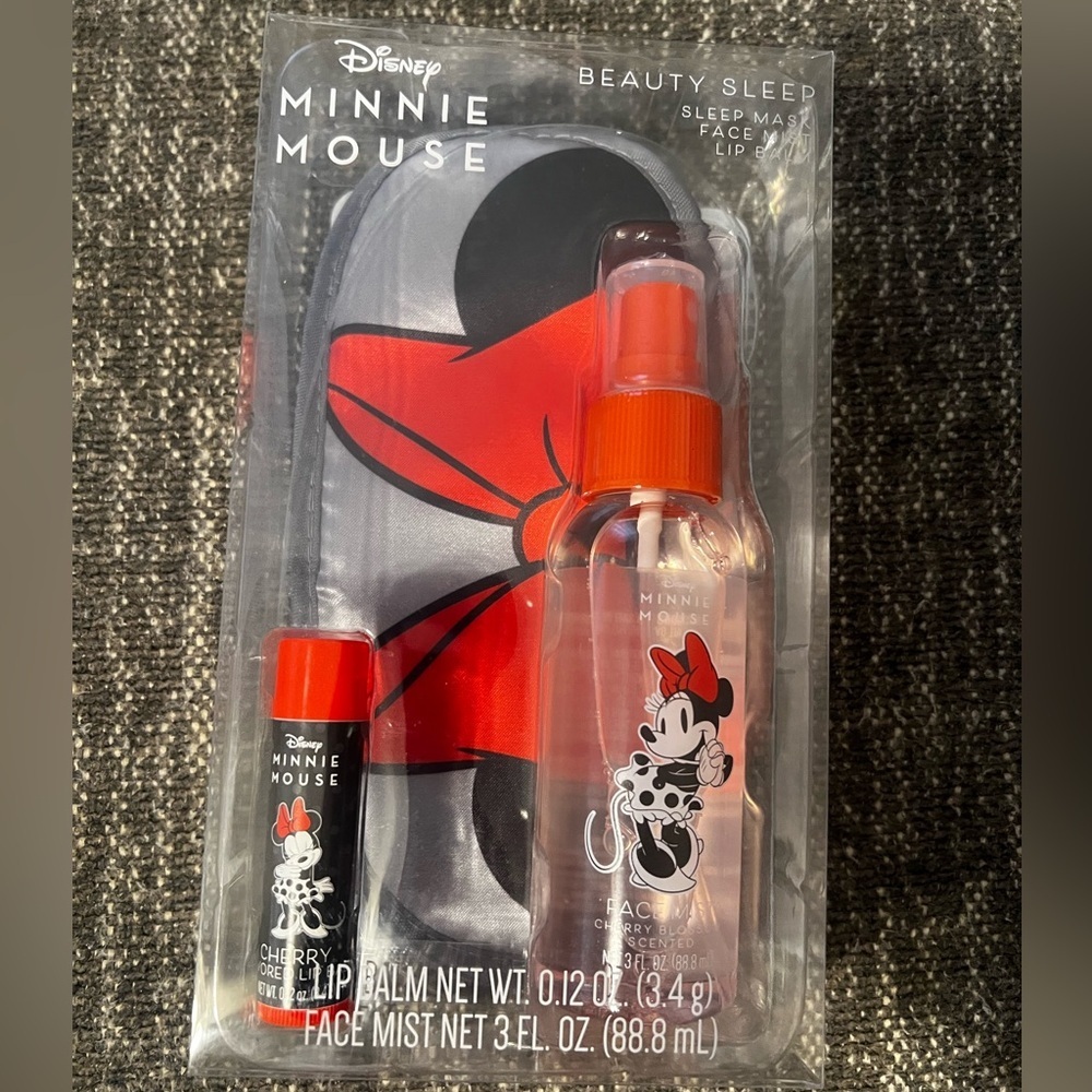 NWT Minnie Mouse Disney Sleep Mask, Lip Gloss, &  Face Mist Set